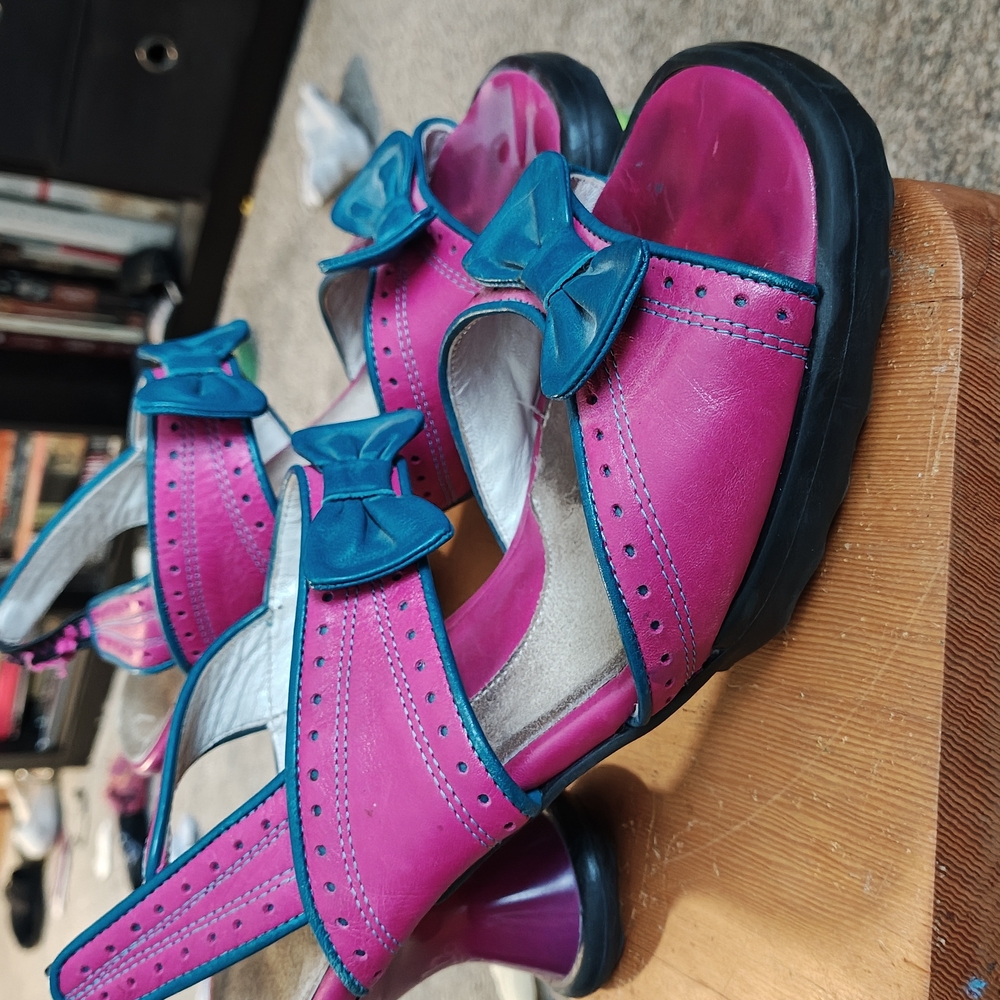 John Fluevog Pink and Blue Mini bip Sling Backs Us 10.5